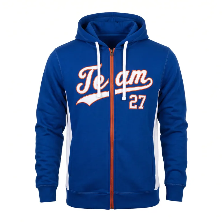 Custom baseball full-zip hooded jackets, front view