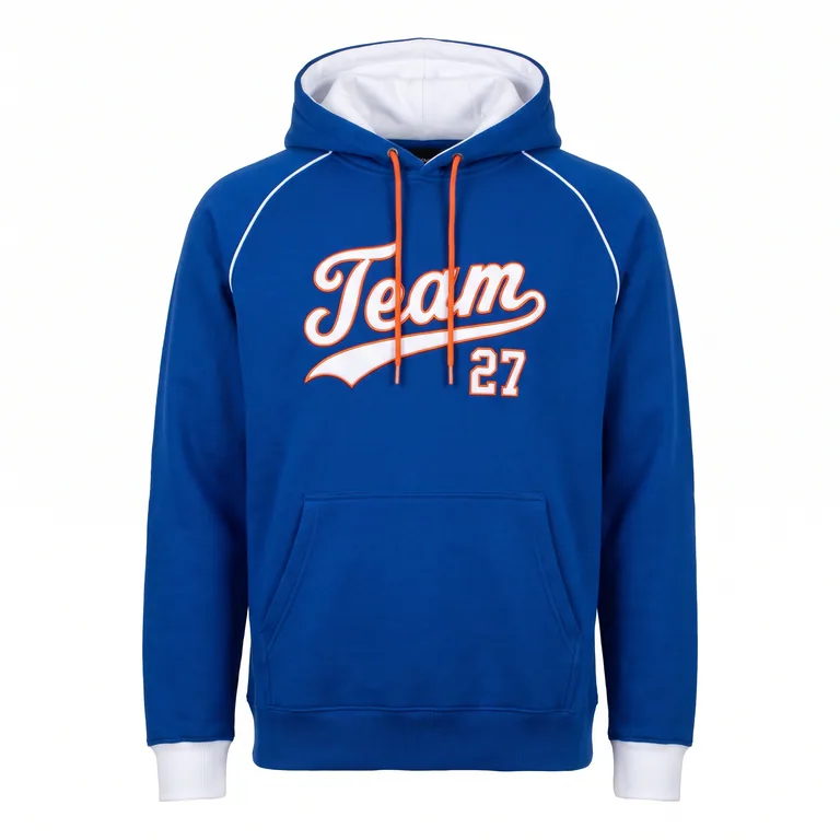 Custom baseball hooded pullovers, front view