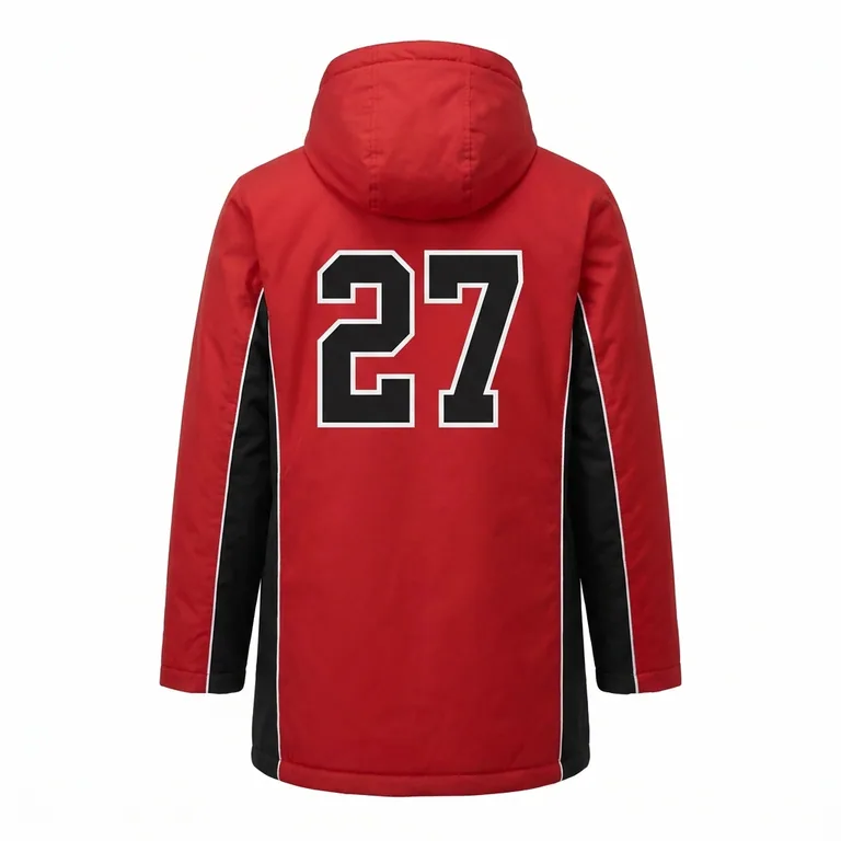 Custom hockey winter parkas, back view