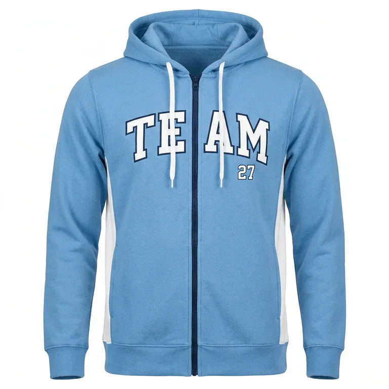 Custom lacrosse full-zip hooded jackets, front view