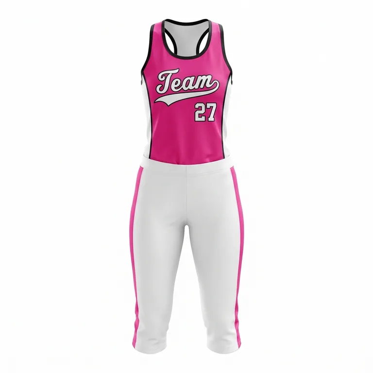 Custom softball racer-back game uniforms, front view