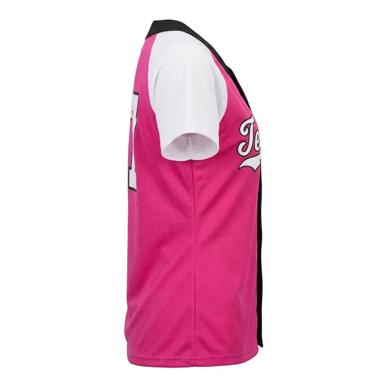Custom softball two-button placket jerseys, left side view