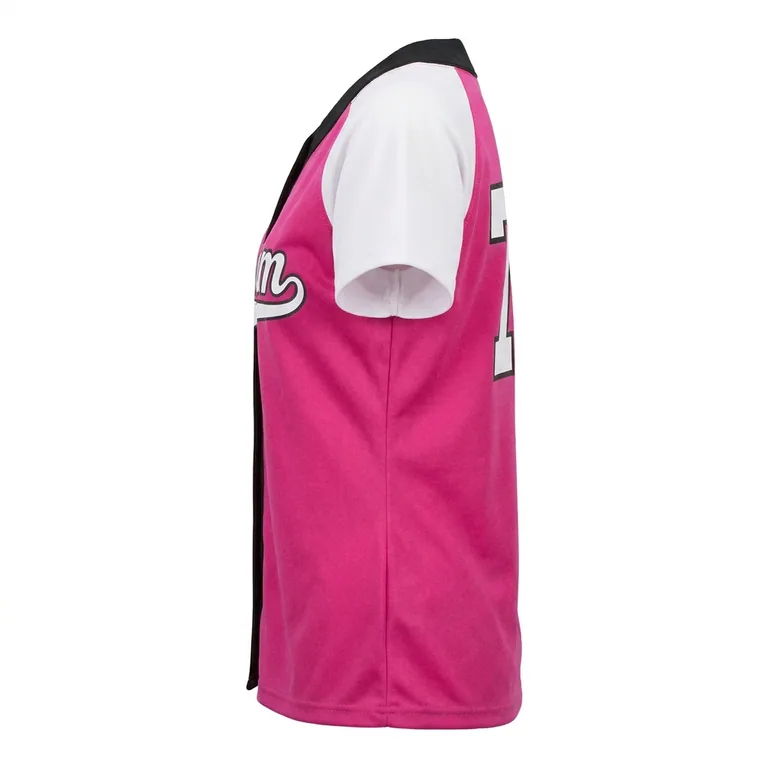 Custom softball two-button placket jerseys, right side view