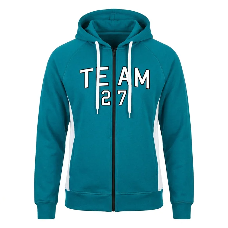 Custom volleyball full-zip hooded jackets, front view