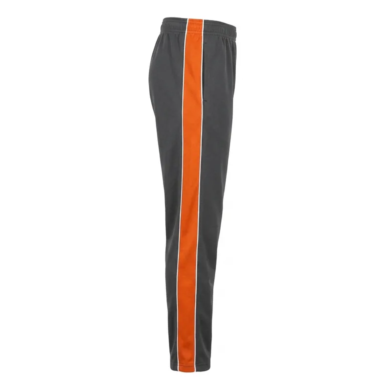 Custom wrestling full-length piped warm-up pants, left side view