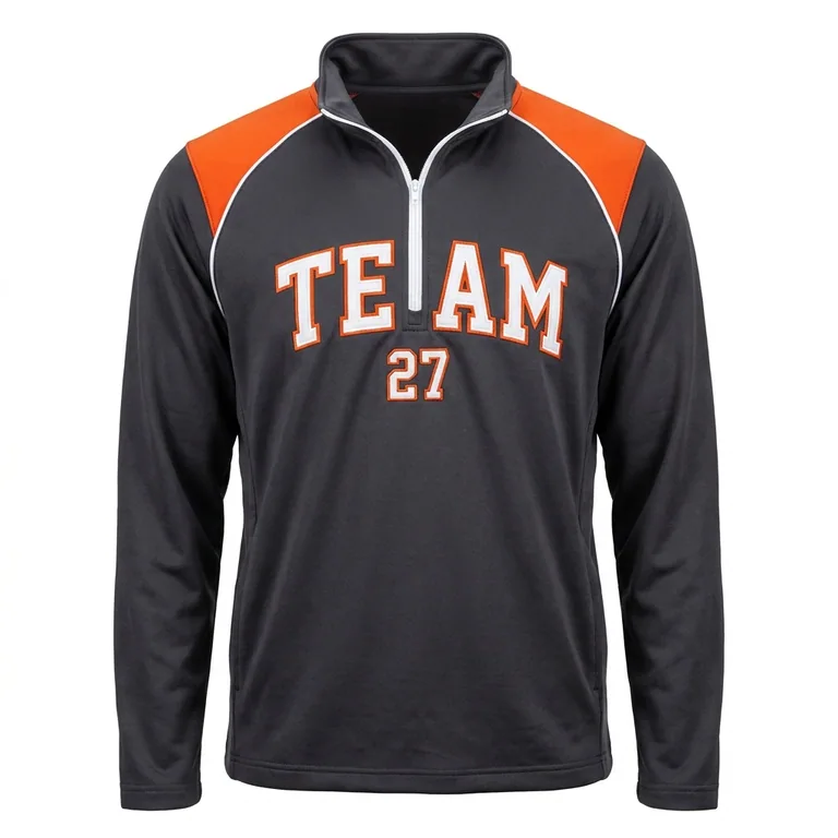 Custom wrestling quarter-zip team warm-up jackets, front view