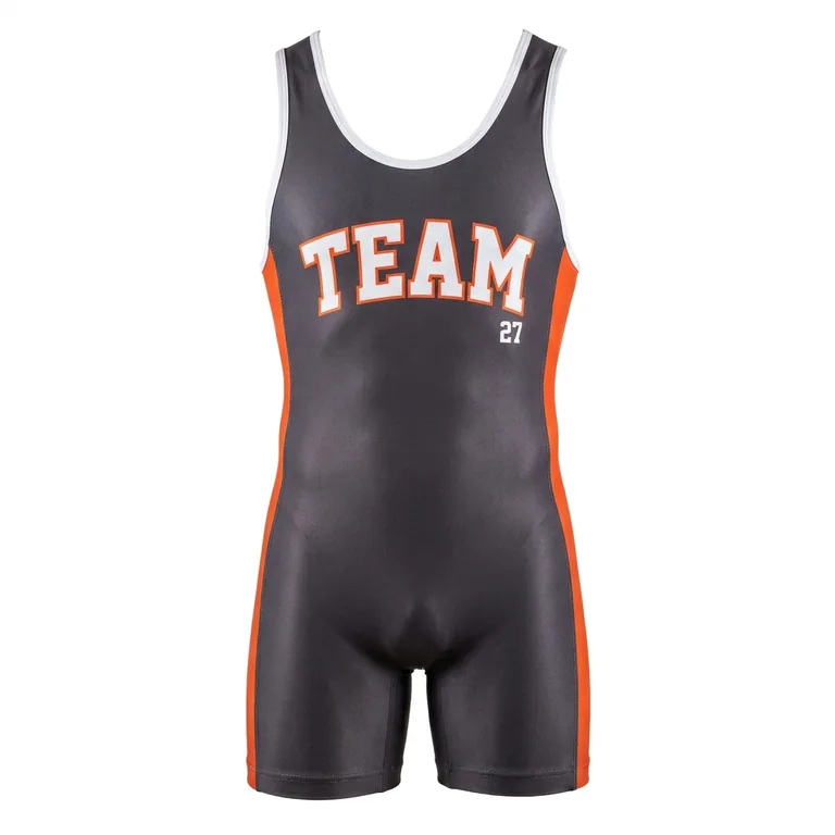 Custom wrestling team singlets, front view
